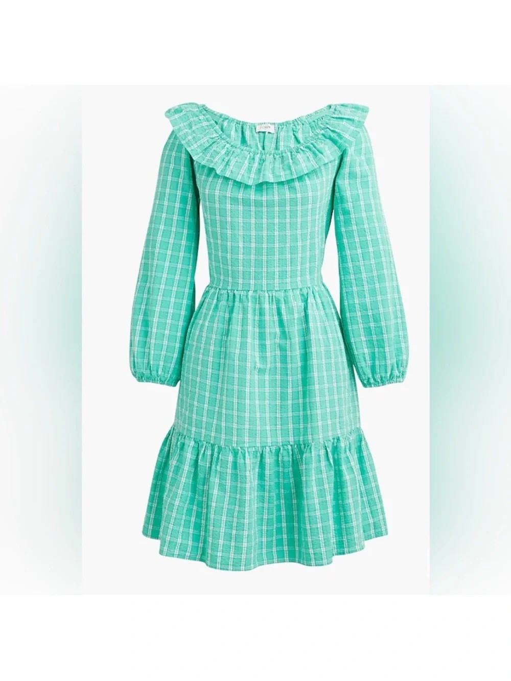 NWT J.Crew Seersucker Ruffle Neck Dress Radiant Aqua Size 6